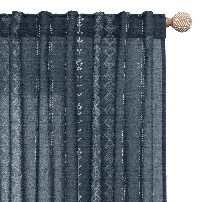 Lino Rosa Navy Blue 96 Inches Long Nursery Curtains Boy,Sheer Boho White Floral Striped Linen Nautical Curtains for Baby Living Room - Image 1