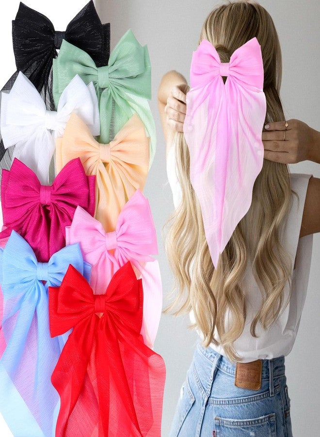 ONEYE 8 Pack Large Hair Bows for Women Big Bow Hair Clips Handmade Hair Ribbons Clips French Barrette Bowknot with Long Tail Hair Accessories for Women Girls - Image 4