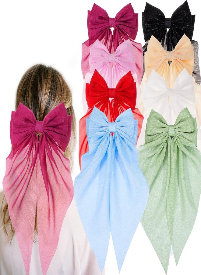 ONEYE 8 Pack Large Hair Bows for Women Big Bow Hair Clips Handmade Hair Ribbons Clips French Barrette Bowknot with Long Tail Hair Accessories for Women Girls - Image 1