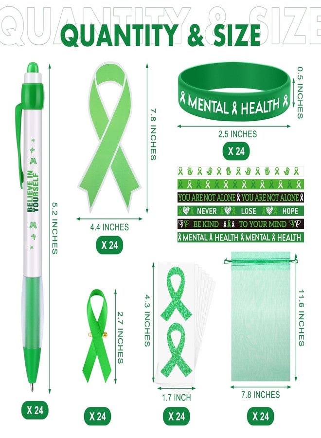 Aodaer 144 Pieces Mental Health Awareness Accessories Set of 24 Green Ribbon Charity Giveaways Favor Pack Include Silicone Bracelets Green Ribbon Pins Pens Button Badge Stickers Organza Bags - Image 2