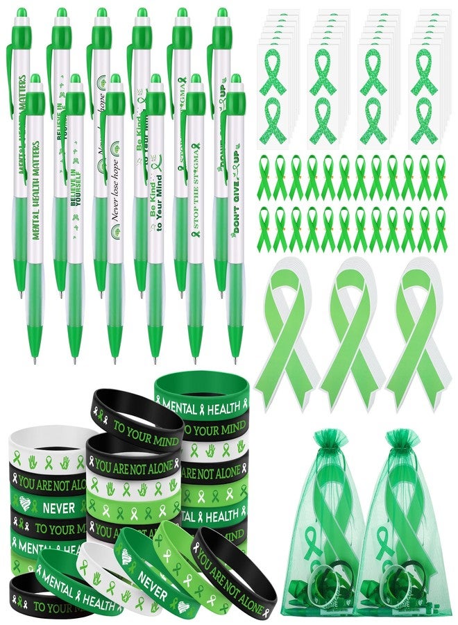 Aodaer 144 Pieces Mental Health Awareness Accessories Set of 24 Green Ribbon Charity Giveaways Favor Pack Include Silicone Bracelets Green Ribbon Pins Pens Button Badge Stickers Organza Bags - Image 1