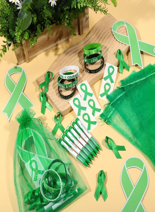 Aodaer 144 Pieces Mental Health Awareness Accessories Set of 24 Green Ribbon Charity Giveaways Favor Pack Include Silicone Bracelets Green Ribbon Pins Pens Button Badge Stickers Organza Bags - Image 5