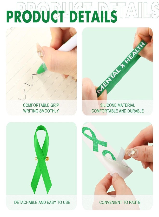 Aodaer 144 Pieces Mental Health Awareness Accessories Set of 24 Green Ribbon Charity Giveaways Favor Pack Include Silicone Bracelets Green Ribbon Pins Pens Button Badge Stickers Organza Bags - Image 3
