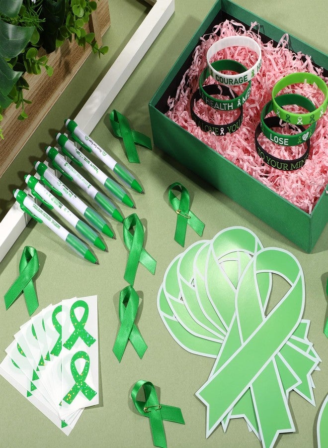 Aodaer 144 Pieces Mental Health Awareness Accessories Set of 24 Green Ribbon Charity Giveaways Favor Pack Include Silicone Bracelets Green Ribbon Pins Pens Button Badge Stickers Organza Bags - Image 4