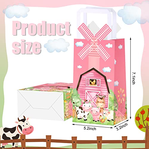 Trnayi 16 Pcs Pink Farm Animal Party Favor Bags Kraft Paper Goodie Bags with Handle 3D Pinwheel Double-sided Printing Treat Bag for Birthday Gender Reveal Barnyard Farm Themed Party Supplies - Image 2