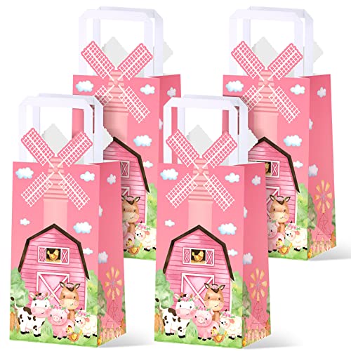 Trnayi 16 Pcs Pink Farm Animal Party Favor Bags Kraft Paper Goodie Bags with Handle 3D Pinwheel Double-sided Printing Treat Bag for Birthday Gender Reveal Barnyard Farm Themed Party Supplies - Image 1
