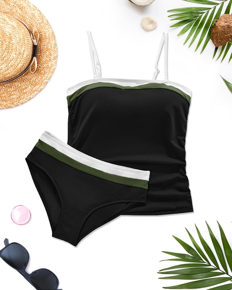 Daci Black Color Block Bandeau Tankini Swimsuits for Women - Two Piece Ruched Tummy Control Bathing Suit Strapless Swimwear with Bottom L - Image 3