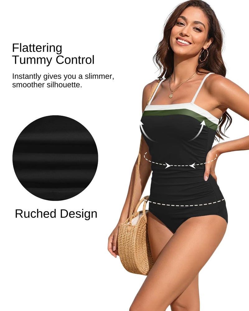 Daci Black Color Block Bandeau Tankini Swimsuits for Women - Two Piece Ruched Tummy Control Bathing Suit Strapless Swimwear with Bottom L - Image 5