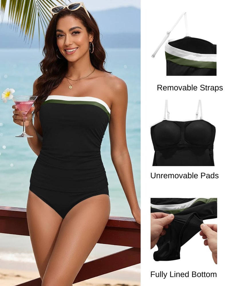 Daci Black Color Block Bandeau Tankini Swimsuits for Women - Two Piece Ruched Tummy Control Bathing Suit Strapless Swimwear with Bottom L - Image 4
