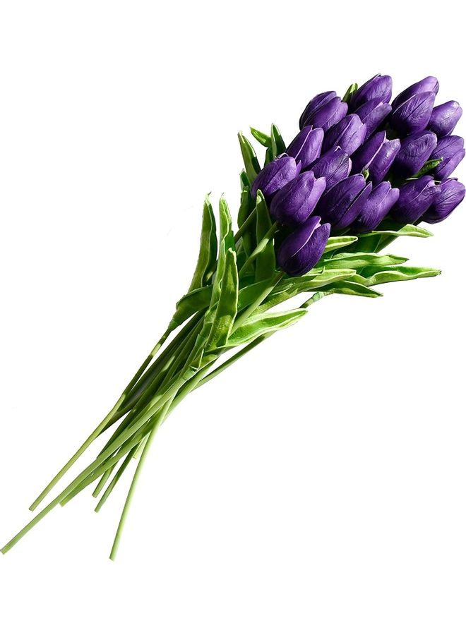NIBEMINENT 20-Piece Artificial Tulip Flowers With Soft Latex Materials Purple/Green - Image 1