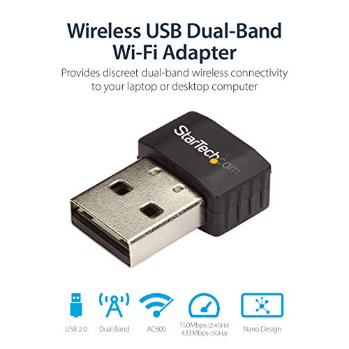 StarTech.com Wireless USB WiFi Adapter – Dual Band AC600 Wireless Dongle - 2.4GHz / 5GHz - 802.11ac Wi-Fi Laptop Adapter (USB433ACD1X1) - Image 2