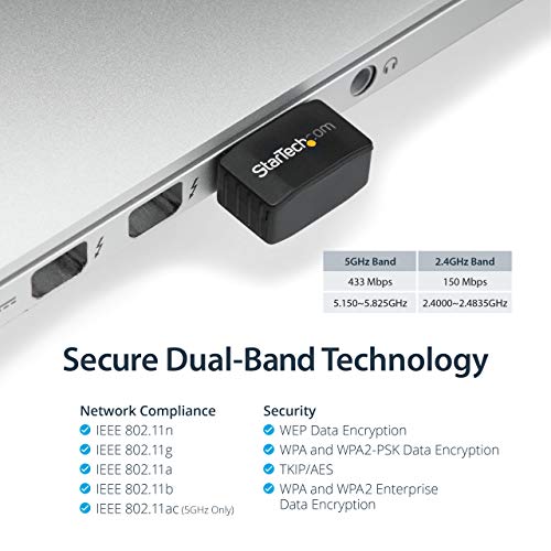 StarTech.com Wireless USB WiFi Adapter – Dual Band AC600 Wireless Dongle - 2.4GHz / 5GHz - 802.11ac Wi-Fi Laptop Adapter (USB433ACD1X1) - Image 4
