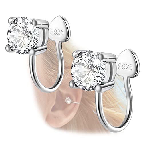 ELEDUCTMON Cubic Zirconia Ear Cuffs - Sterling Silver Hypoallergenic Non-Piercing Cartilage Earrings CZ Clip on Earrings Round Crystal Stud Earrings for Women 6mm - Image 1