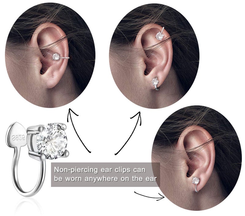 ELEDUCTMON Cubic Zirconia Ear Cuffs - Sterling Silver Hypoallergenic Non-Piercing Cartilage Earrings CZ Clip on Earrings Round Crystal Stud Earrings for Women 6mm - Image 2