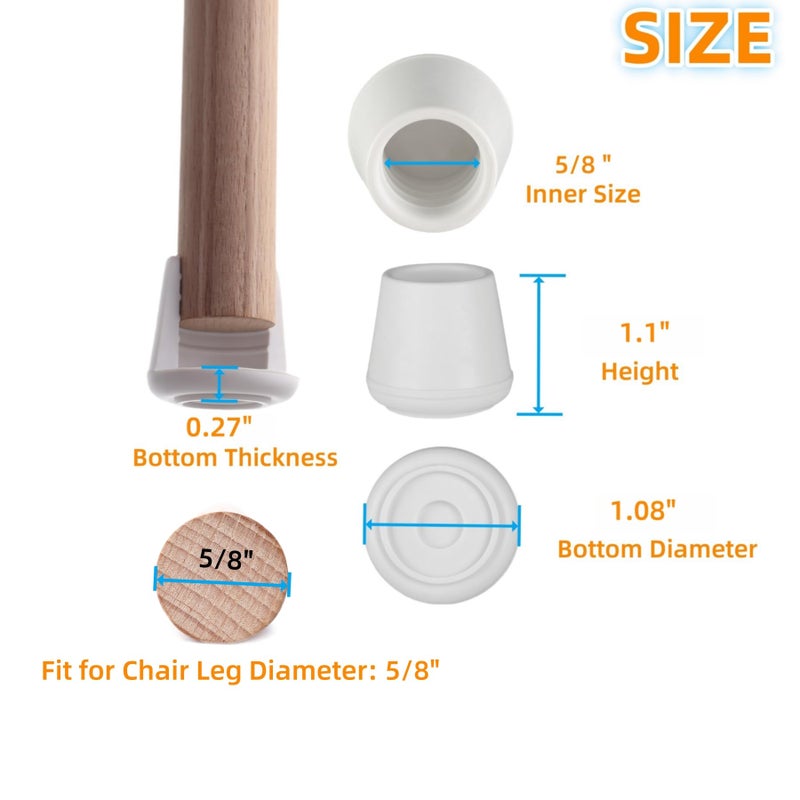 Furnigear Chair Leg Tips Caps Non-Slip Rubber Leg Tips 5/8  Inner Diameter Chair Leg Floor Protectors Round White  64 Pack - Image 2