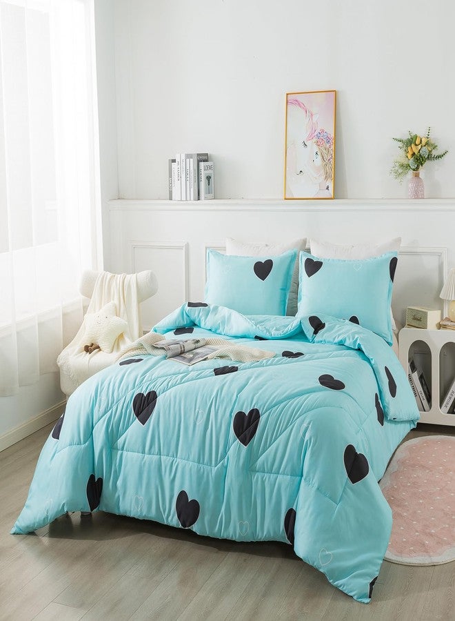 Caressma Love Pattern Girls Comforter Set Full Size, Sky Blue Cute Love Heart Print Comforter Bedding Set for All Seasons, Geometric Soft Microfiber 3 Pieces Comforter Set with Pillowcases - Image 2