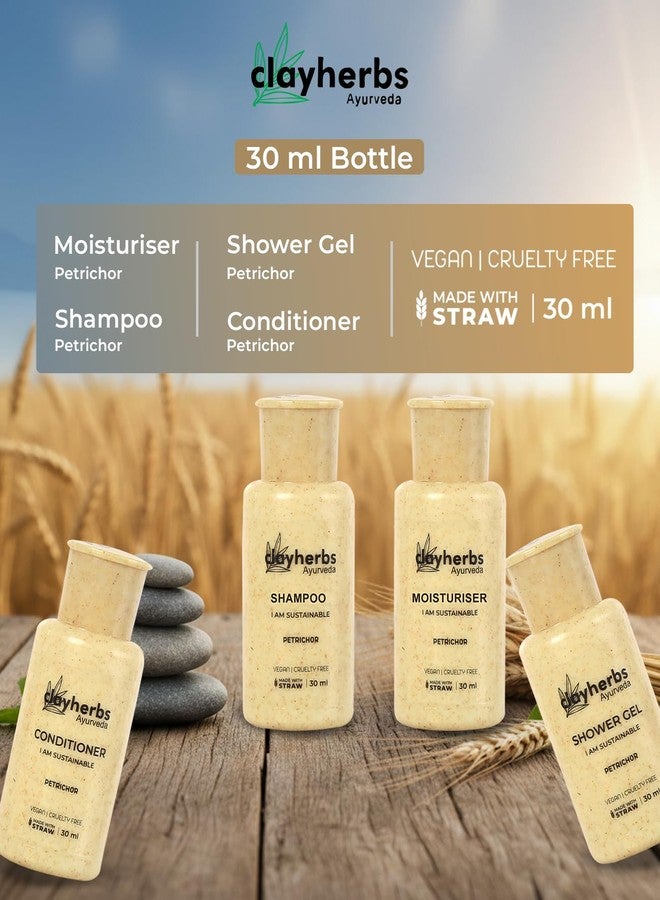 Clayherbs (30ml) (Pack-100) Sustainable Hotel Amenities Set | Bulk Eco-Friendly Wheat Straw Bottles | Vegan, Cruelty-Free Mini Toiletries for Hotels, Resorts, Spa, Airbnb | Shampoo, Conditioner, Shower Gel, Moisturiser - Image 4