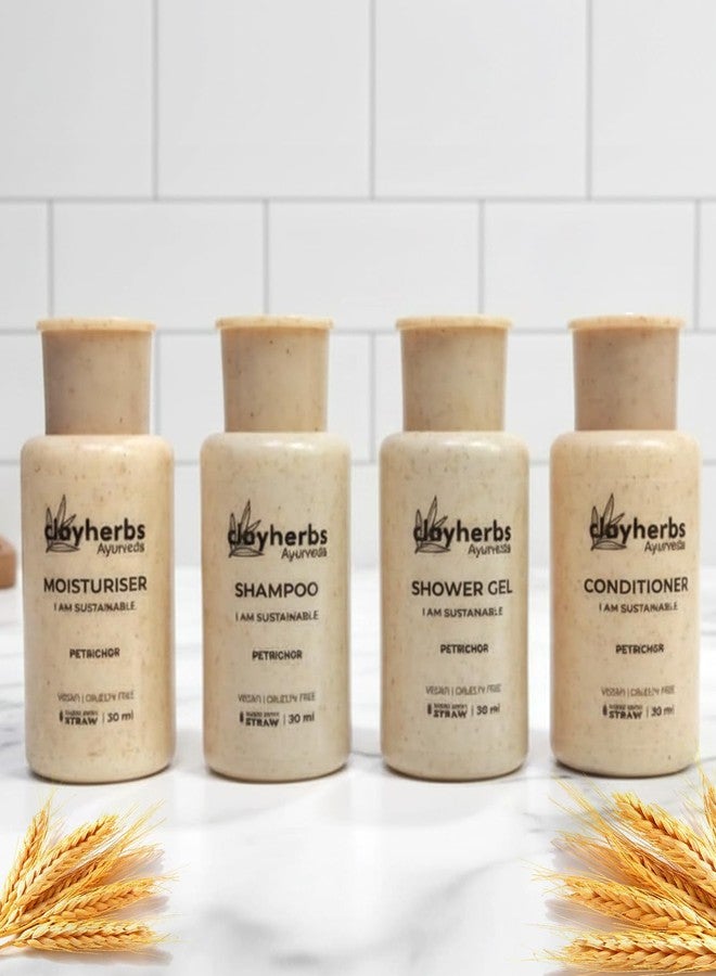 Clayherbs (30ml) (Pack-100) Sustainable Hotel Amenities Set | Bulk Eco-Friendly Wheat Straw Bottles | Vegan, Cruelty-Free Mini Toiletries for Hotels, Resorts, Spa, Airbnb | Shampoo, Conditioner, Shower Gel, Moisturiser - Image 1