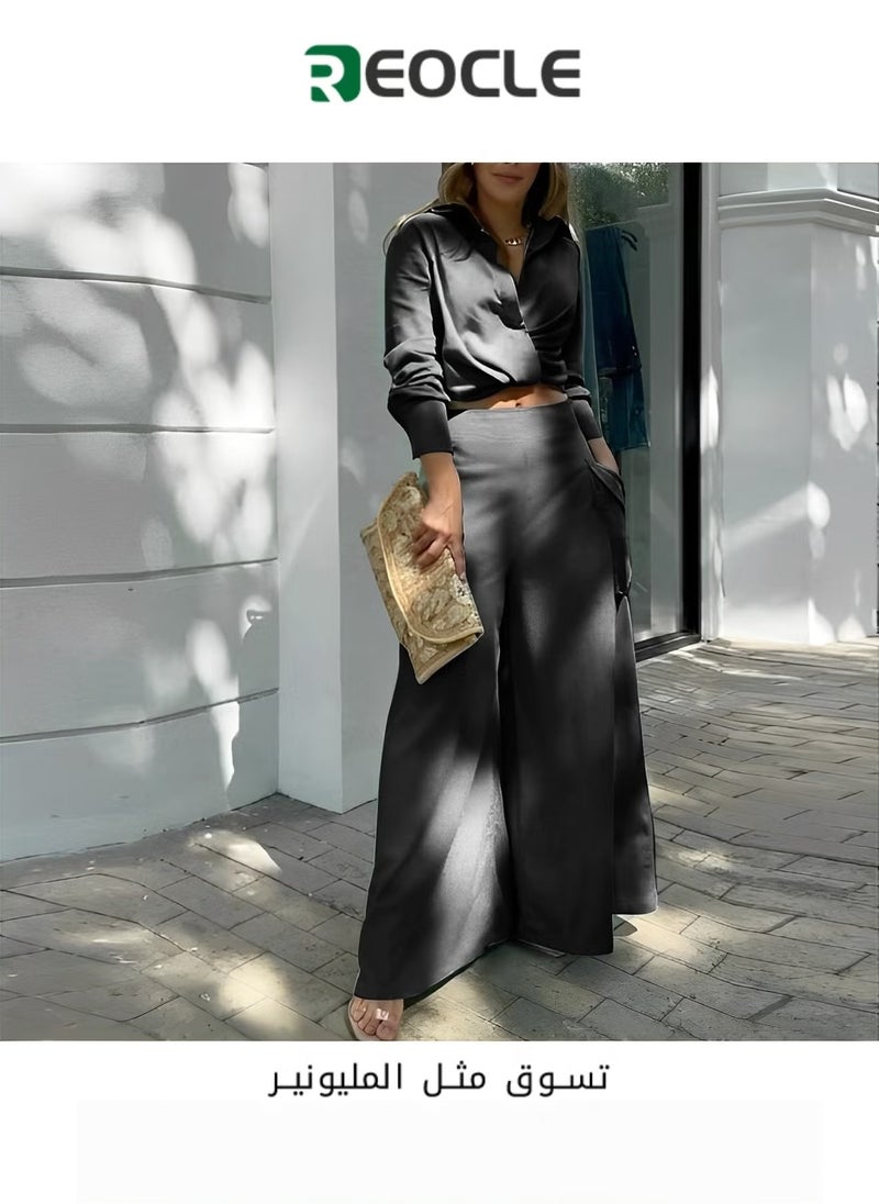 REOCLE Spring and Autumn Women's Casual Two-piece Solid Color Temperament Commuting Loose Pocket Fashion Casual Suit Slim Waist - Image 1