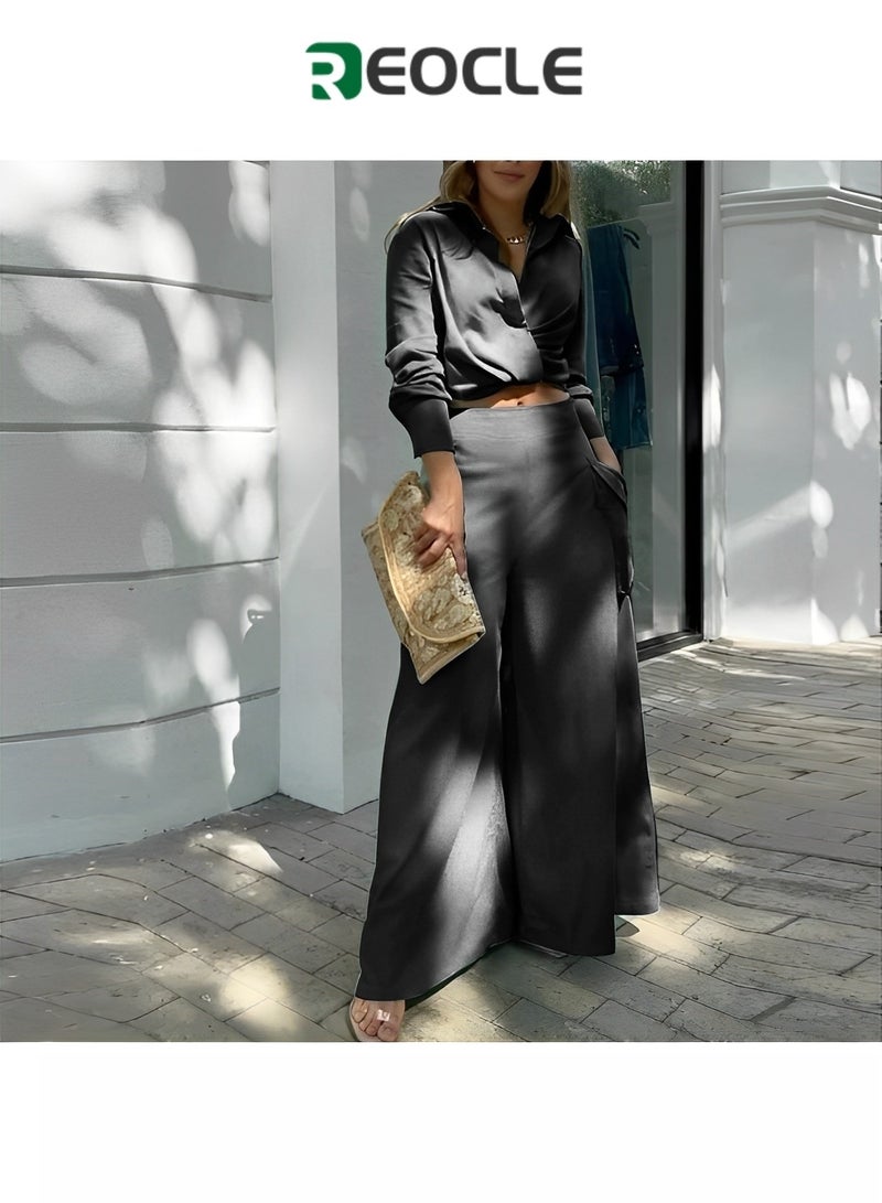 REOCLE Spring and Autumn Women's Casual Two-piece Solid Color Temperament Commuting Loose Pocket Fashion Casual Suit Slim Waist - Image 2