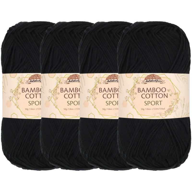 BambooMN خيوط جوبيل من القطن والبامبو الرياضية 50 جرام - أسود منتصف الليل - 4 خيوط