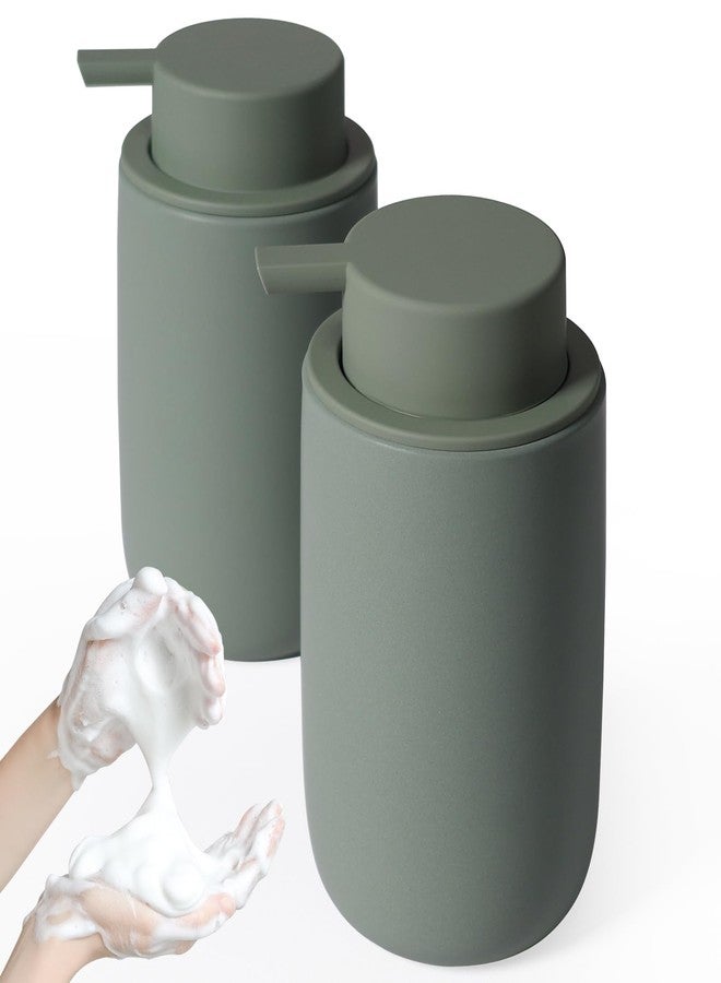 INGOFIN Ceramic Foaming Soap Dispenser Set, 2 Pack (12 oz) Bathroom Foam Hand Soap Dispenser with Pump, Hand and Dish Soap Dispenser Set with 8 Pcs Clear Stickers,for Kitchen- Matte Green - Image 1