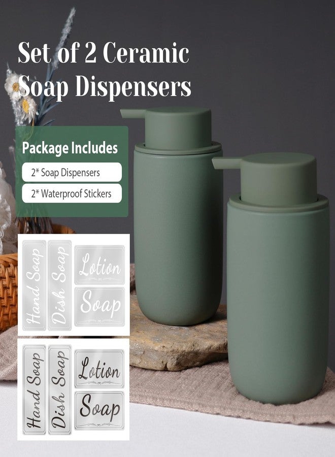 INGOFIN Ceramic Foaming Soap Dispenser Set, 2 Pack (12 oz) Bathroom Foam Hand Soap Dispenser with Pump, Hand and Dish Soap Dispenser Set with 8 Pcs Clear Stickers,for Kitchen- Matte Green - Image 2