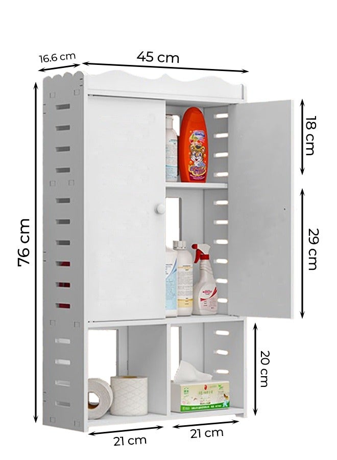 إي وورلد خزانة حمام معلقة على الحائط من البلاستيك عالي الجودة بثلاثة أرفف وأبواب، وتصميم منحوت بأناقة لرفع أسلوب الحمام بينما يعظم مساحة تخزين المرحاض. - Image 2