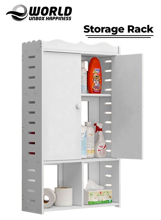 إي وورلد خزانة حمام معلقة على الحائط من البلاستيك عالي الجودة بثلاثة أرفف وأبواب، وتصميم منحوت بأناقة لرفع أسلوب الحمام بينما يعظم مساحة تخزين المرحاض. - Image 1