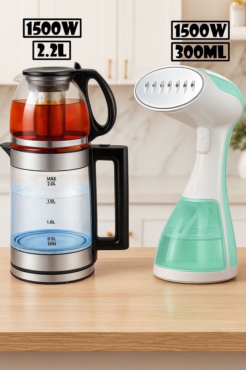 توسكانا يو غلاية كهربائية مزدوجة مع فلتر شاي قابل للإزالة سعة 0.8-2.2 لتر و قوة 1500 واط و مكواة بخار 1500 وات 300 مل - Image 1