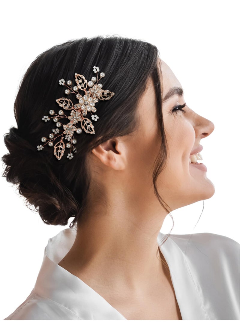 SOLARAE Bridal Hair Comb Rhinestone Wedding Hair Accessories Pearl Hair Clip for Bride Bridesmaid, Rose Gold - Image 1