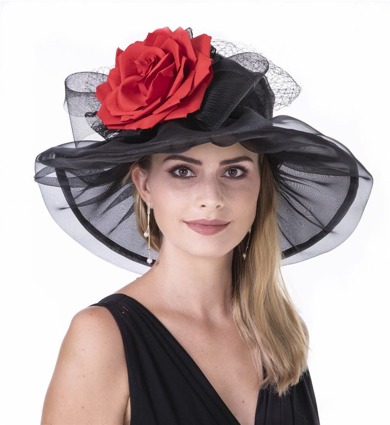 SAFERIN Women's Organza Church Kentucky Derby Adjustable Hat Feather Veil Fascinator Bridal Tea Party Wedding Hat (MN-Red Black Bow) - Image 1