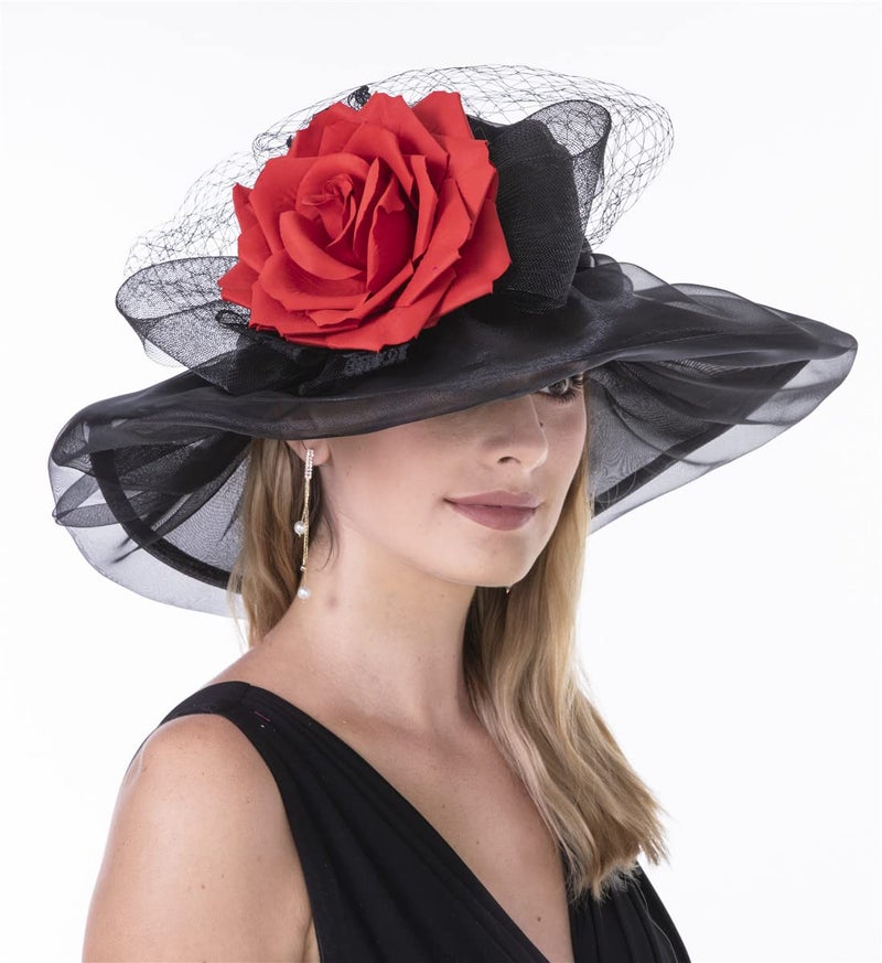 SAFERIN Women's Organza Church Kentucky Derby Adjustable Hat Feather Veil Fascinator Bridal Tea Party Wedding Hat (MN-Red Black Bow) - Image 3