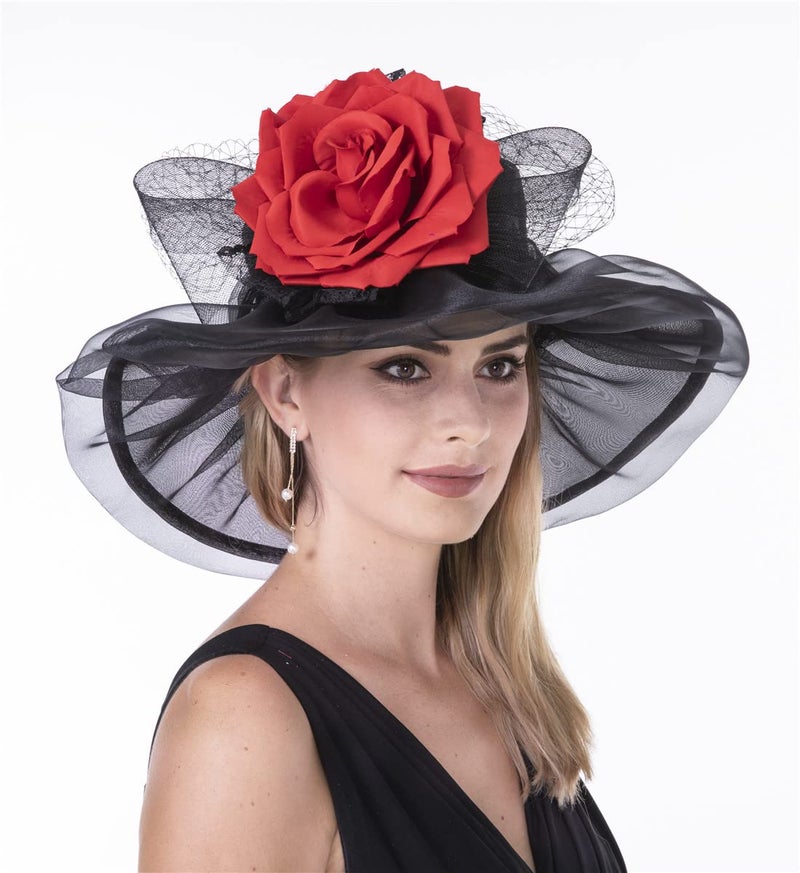 SAFERIN Women's Organza Church Kentucky Derby Adjustable Hat Feather Veil Fascinator Bridal Tea Party Wedding Hat (MN-Red Black Bow) - Image 4
