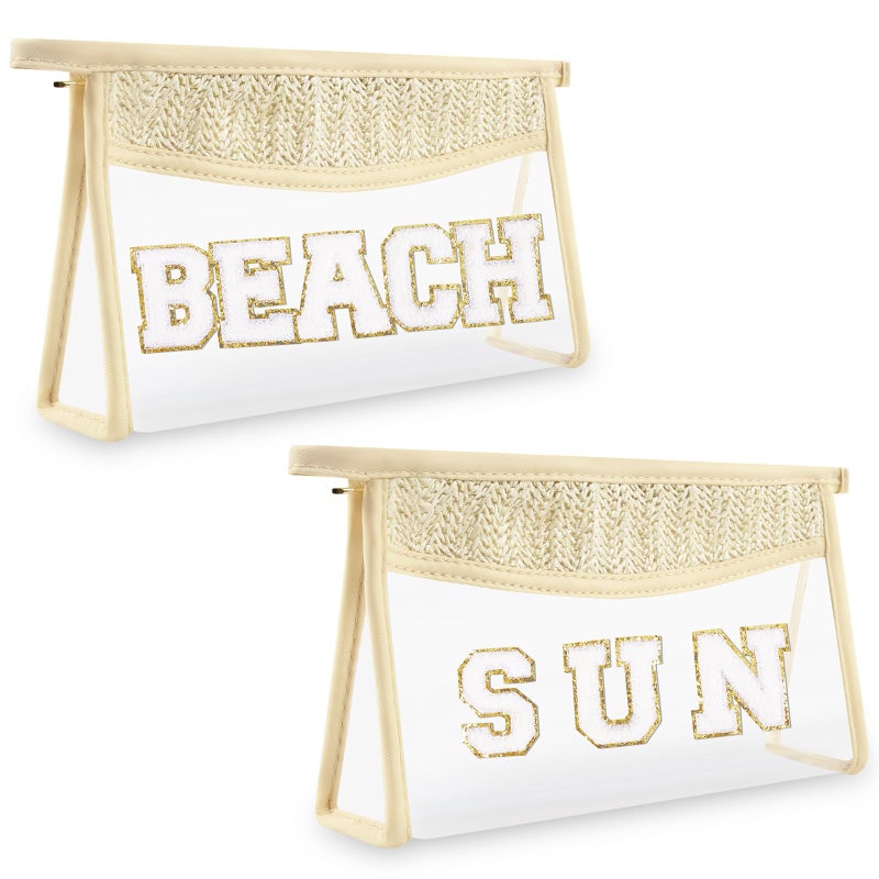 Iqimott 2Pcs Preppy Patch Sun Bag Makeup Letter Bag Boho Letter Bags for Beach Swim Waterproof Zipper Make up Bags Toiletry Pouch for Women Girls Clear Transparent Pouch for TravelSun Beach - Image 2