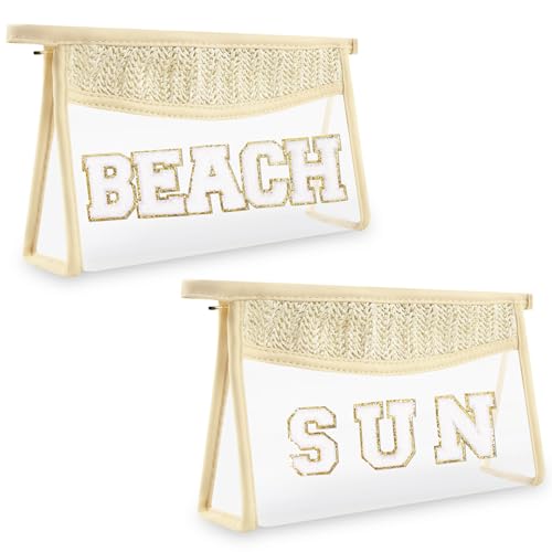 Iqimott 2Pcs Preppy Patch Sun Bag Makeup Letter Bag Boho Letter Bags for Beach Swim Waterproof Zipper Make up Bags Toiletry Pouch for Women Girls Clear Transparent Pouch for TravelSun Beach - Image 1