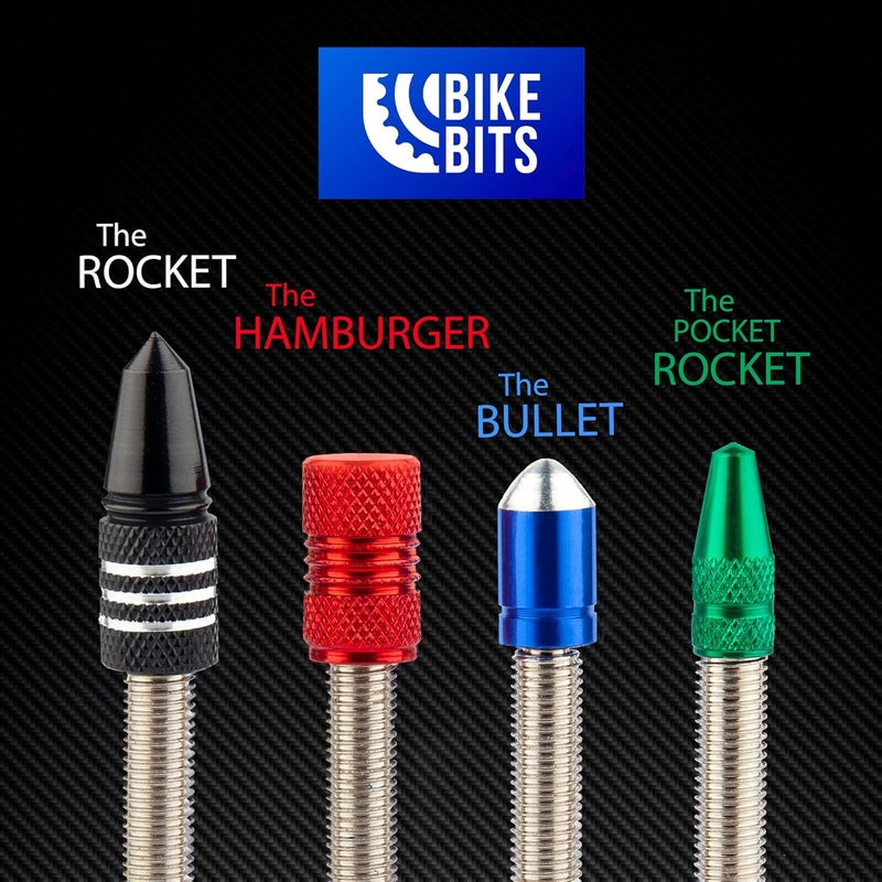 Bike Bits Presta Valve Caps - Anodized Aluminum - Use On Presta/French Valves - Designs: Bullet, Rocket, Hamburger, Pocket Rocket (4 Pack) - Image 2