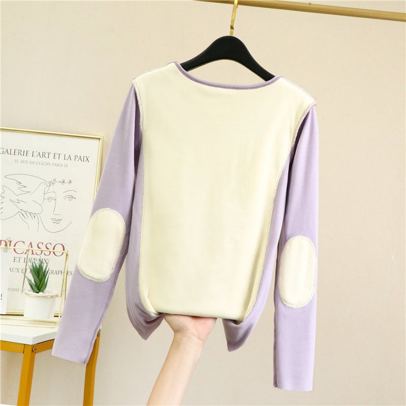 plus size womens seamless double-sided velvet thermal underwear womens fleece-lined thickened base shirt full patch middle-aged autumn clothing Light purple  - Image 1