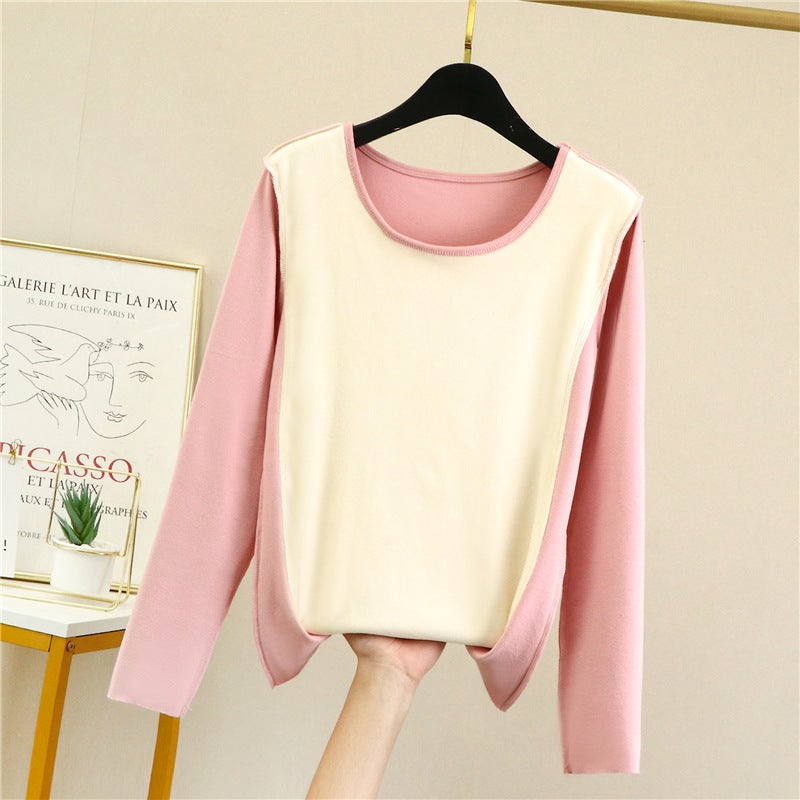plus size womens seamless double-sided velvet thermal underwear womens fleece-lined thickened base shirt full patch middle-aged autumn clothing Light purple  - Image 3