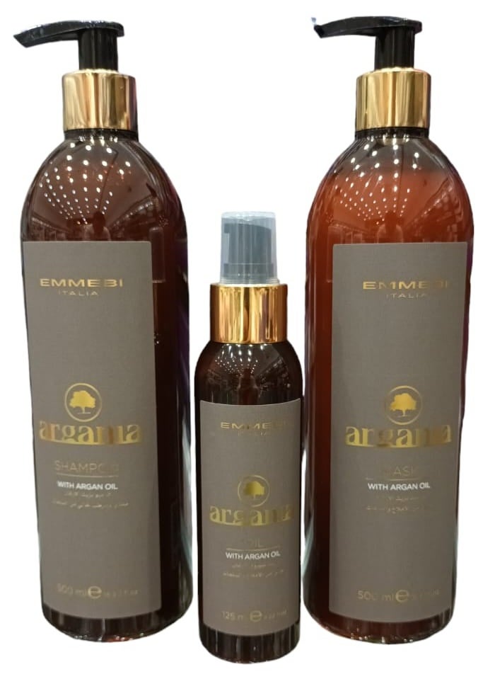 EMMEBI ITALIA Shampoo 500 ml Conditioner 500 ml  and Serum 125 ml. Argan oil, free of salts and sulfates  for dry  Treated  Damaged and Damaged Hair. 