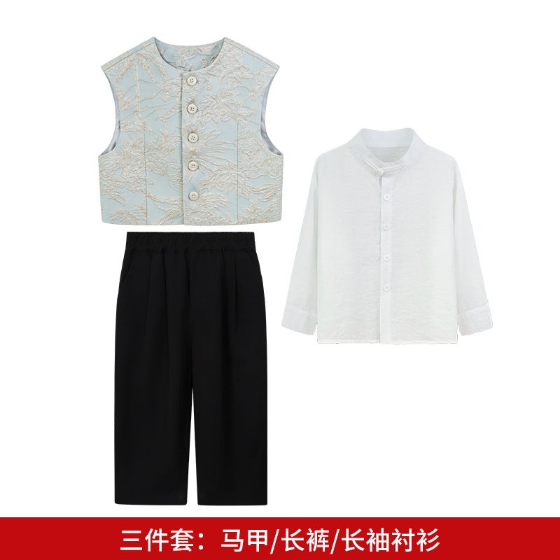 Boys' New Chinese-Style Hanfu Tang Suit Children'S National Style Embroidered Vest Set For Hosting And Runway Performances - Image 1