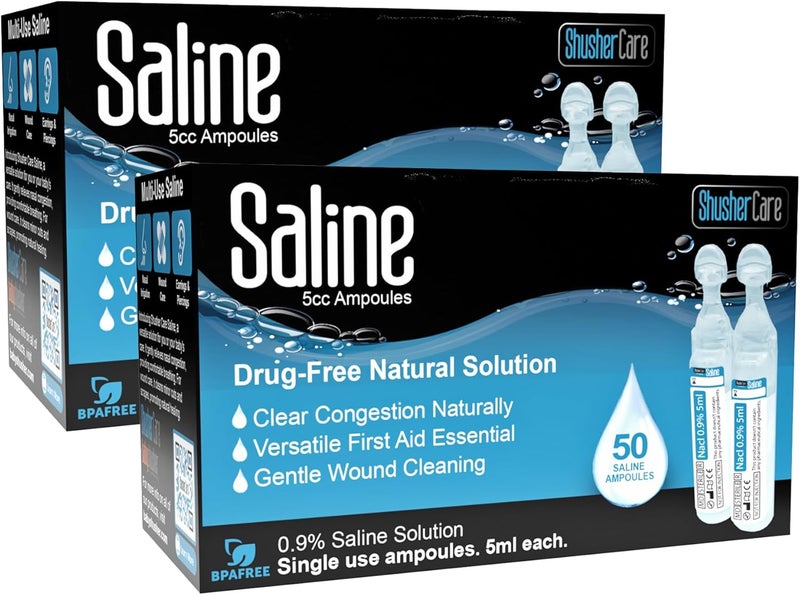 Shusher Care Saline Ampoules - Saline Solution for Nebulizer, Sodium Chloride 0.9% for Nose & Eyes, Nasal Cleanse for Babies, Kids, & Adults, Sterile Nasal Care, Wound Cleansing - 100 Count (5ml Each) - Image 1