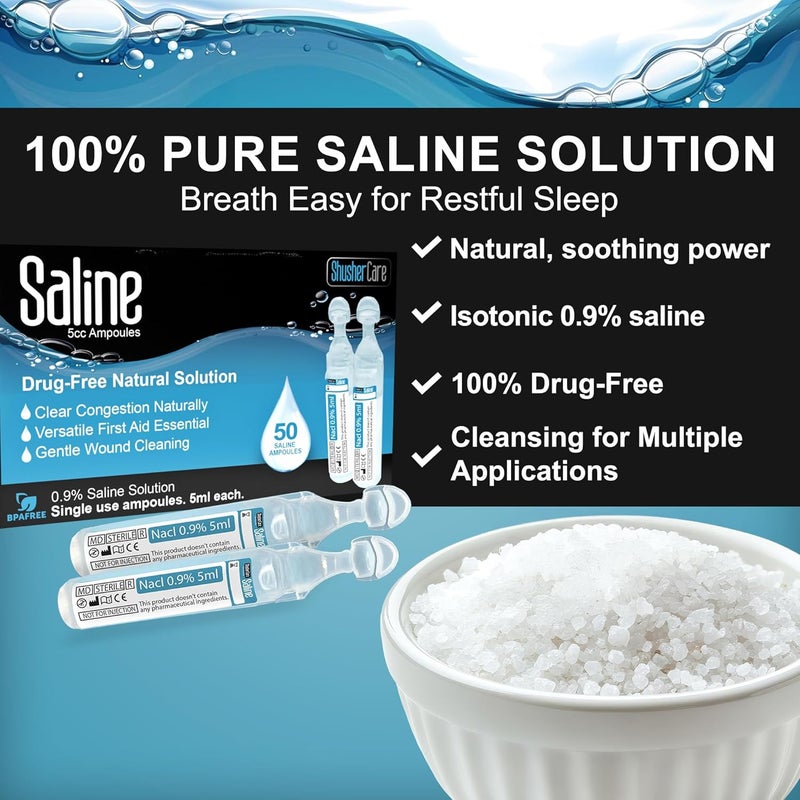 Shusher Care Saline Ampoules - Saline Solution for Nebulizer, Sodium Chloride 0.9% for Nose & Eyes, Nasal Cleanse for Babies, Kids, & Adults, Sterile Nasal Care, Wound Cleansing - 100 Count (5ml Each) - Image 2