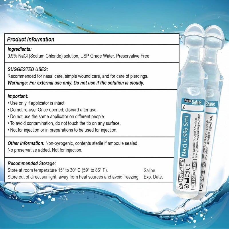 Shusher Care Saline Ampoules - Saline Solution for Nebulizer, Sodium Chloride 0.9% for Nose & Eyes, Nasal Cleanse for Babies, Kids, & Adults, Sterile Nasal Care, Wound Cleansing - 100 Count (5ml Each) - Image 5