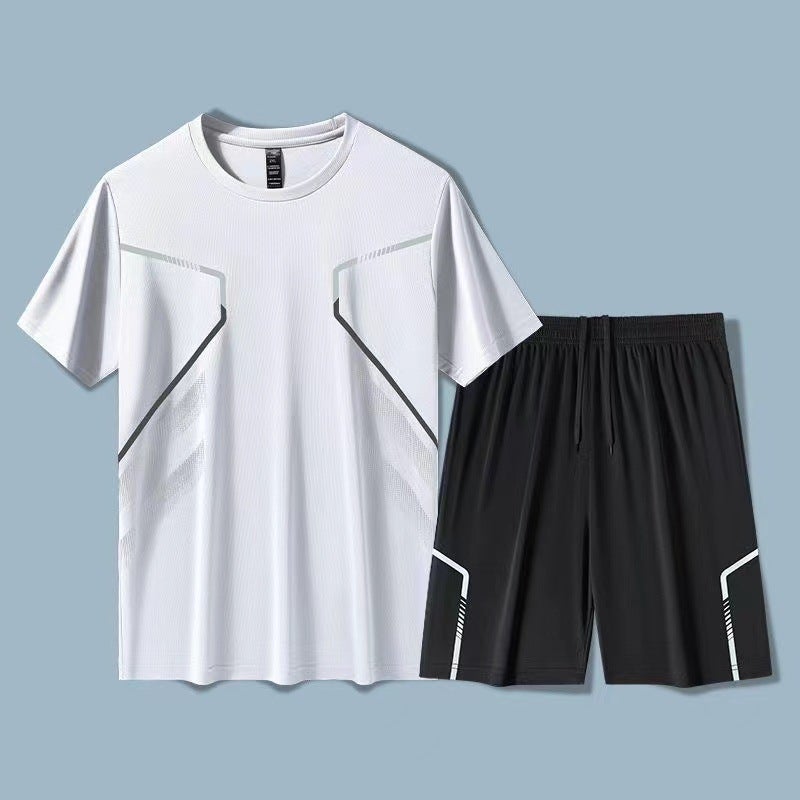 Mens Ice Silk Gym Set Quick-Dry T-Shirt Shorts White [953 suit]]