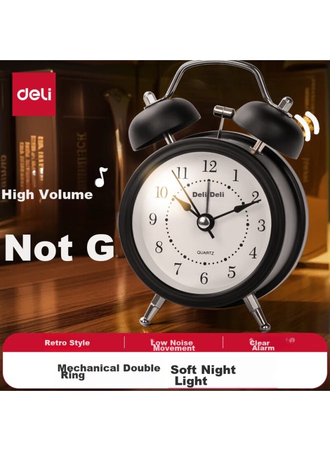 Deli Mini Retro Mechanical Alarm Clock, Low Noise, Luminous, Bedroom Bedside Alarm, Children's Student Enlightenment Alarm Clock, Black 9024 - Image 1
