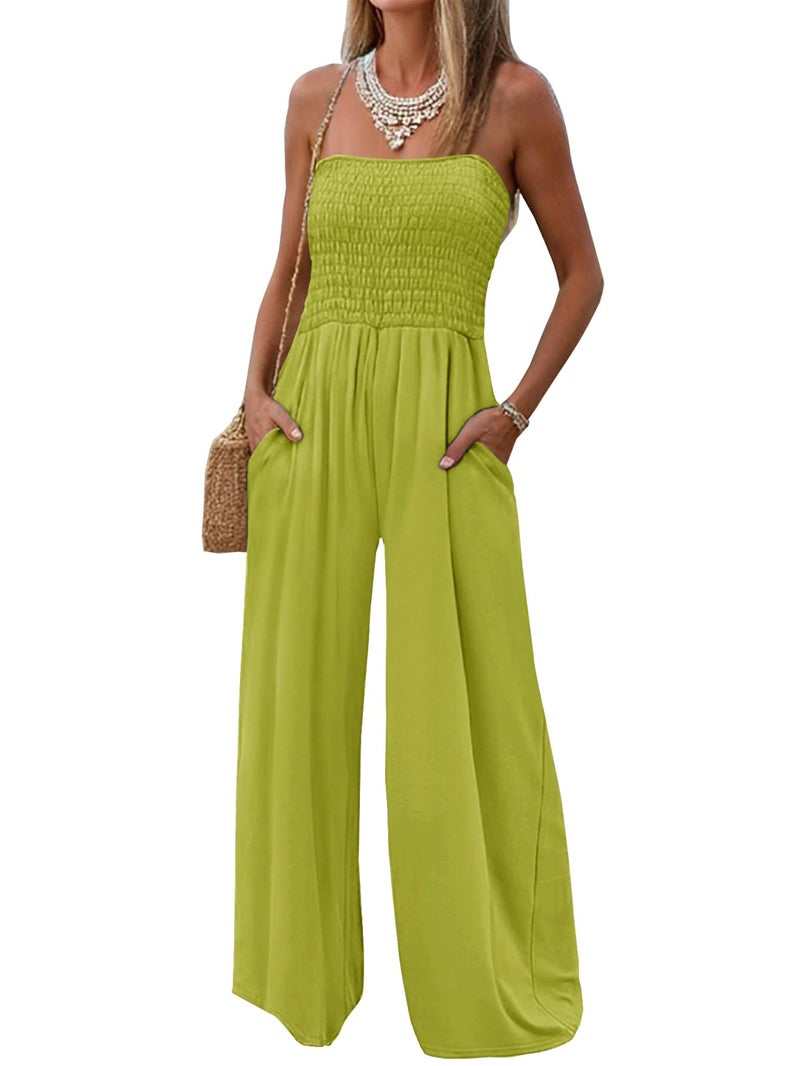 AUXDIO Ladies Wide Leg Smocked Jumpsuit 2026 New Strapless Off Shoulder Spring One Piece Jumpsuits Yellow M - Image 1