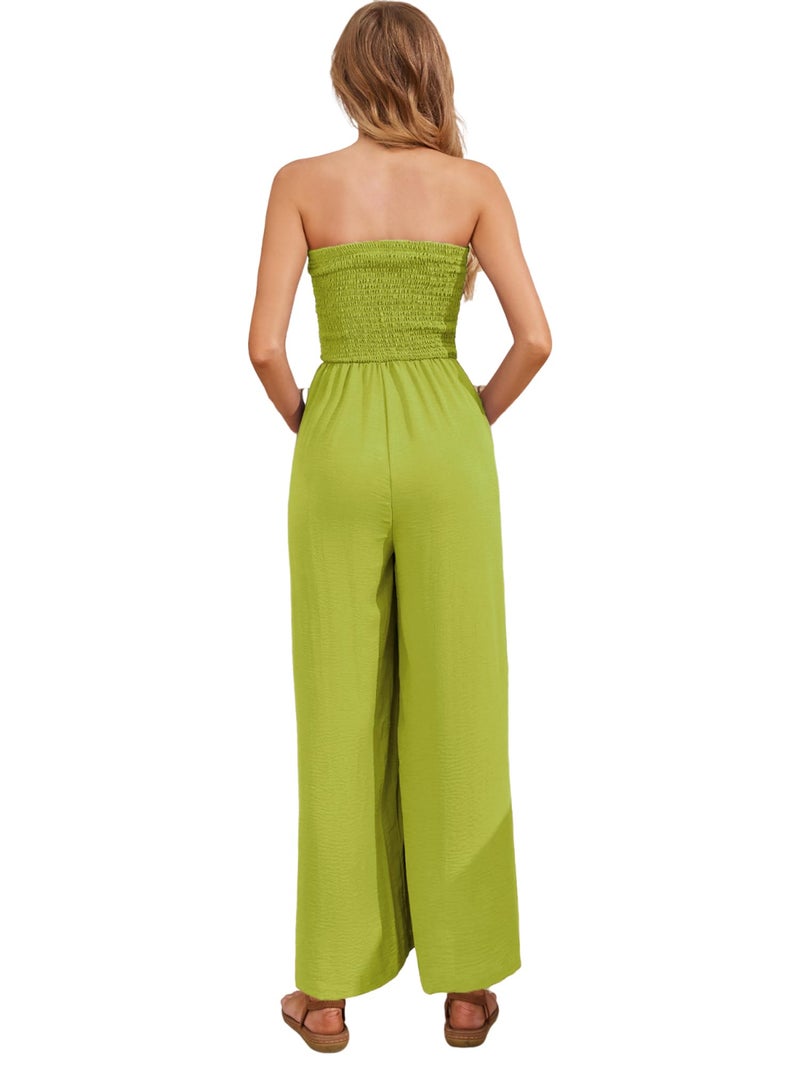 AUXDIO Ladies Wide Leg Smocked Jumpsuit 2026 New Strapless Off Shoulder Spring One Piece Jumpsuits Yellow M - Image 3