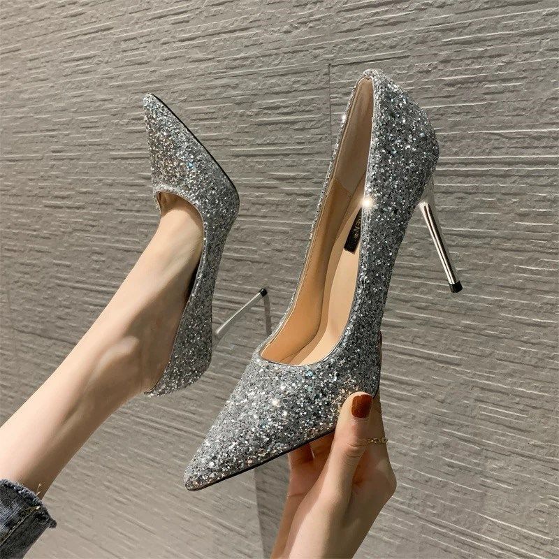 Bridal Wedding Shoes Womens Autumn and Winter New Crystal Sequins Niche French Girl Pointed silver High Heels Womens Stiletto Heels Silver [ 9cm ] 