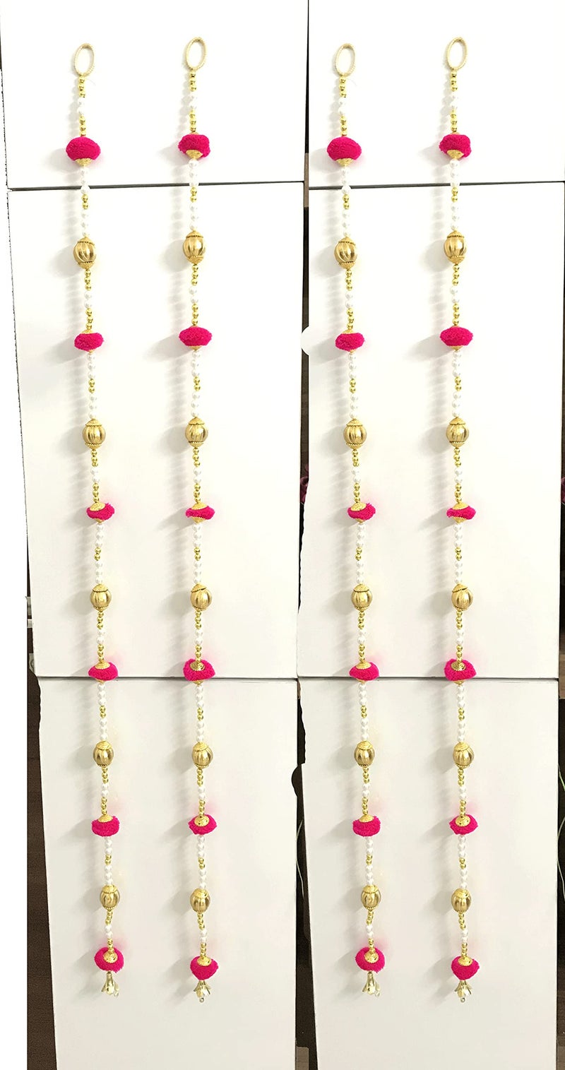 Aahum Handmade Wall Door 6 FT.4 Strings Pink Pom Pom with White Pearl Golden Beads Hanging Torans Garland Bandhwar Decoration Item for Home Décor Diwali Festival, Navratri, Wedding (6 FT 4 Strings - Image 1
